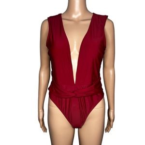 Cupshe women burgundy v-neck  one piece swimsuit size L
